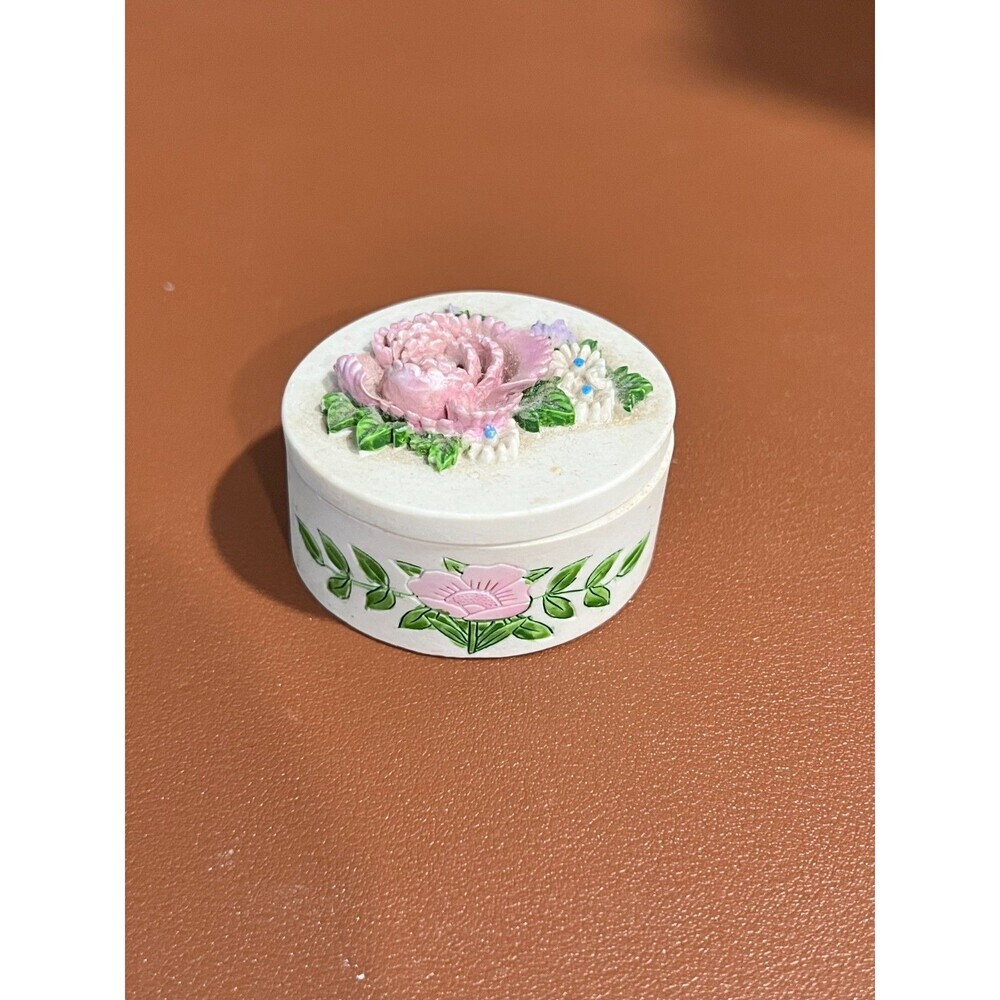 Vintage Small White Floral Trinket Box Ring Earring Jewelry Holder Decor Gift